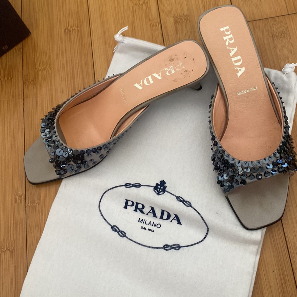 Prada Gray Sequin Embellished Slide Sandals - Picture 3 of 5